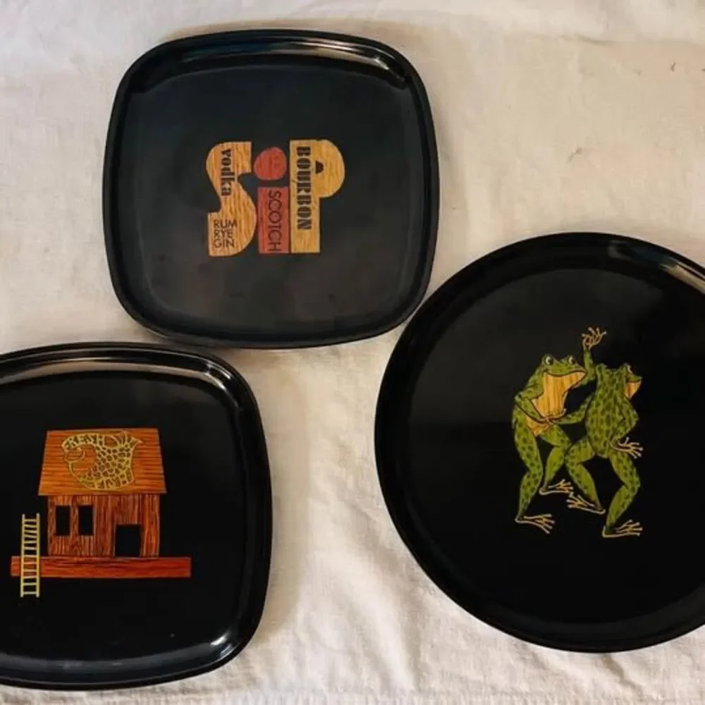 Vintage MCM Couroc of Monterey Inlaid Plate Tray Set- 3 pc Black Barware